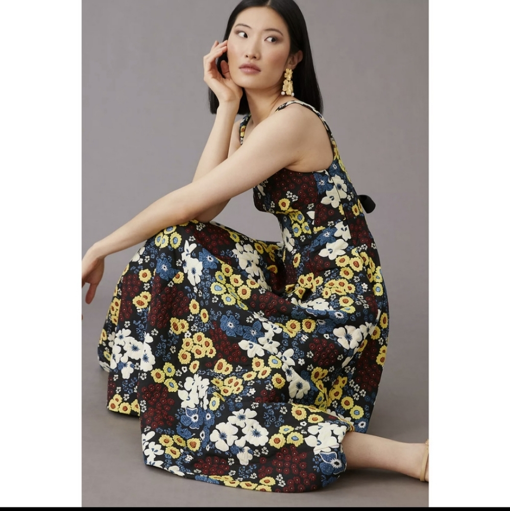 NWOT Anthropologie Maeve Marigold Floral Corset Style Midi Dress Size 8